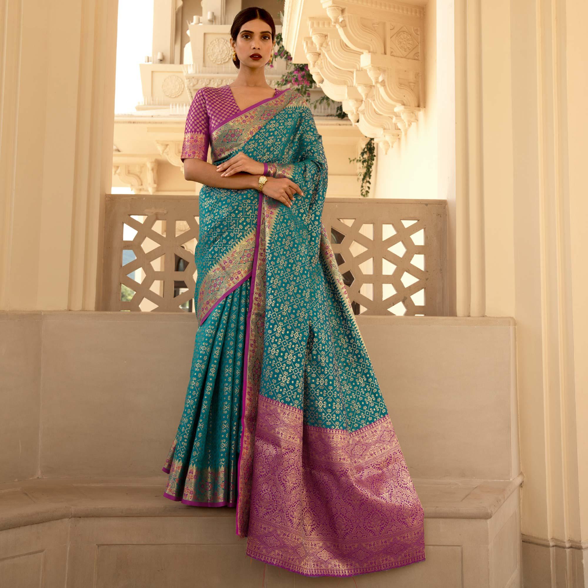 Blue Festive Wear Woven Handloom Saree - Peachmode