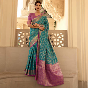 Blue Festive Wear Woven Handloom Saree - Peachmode