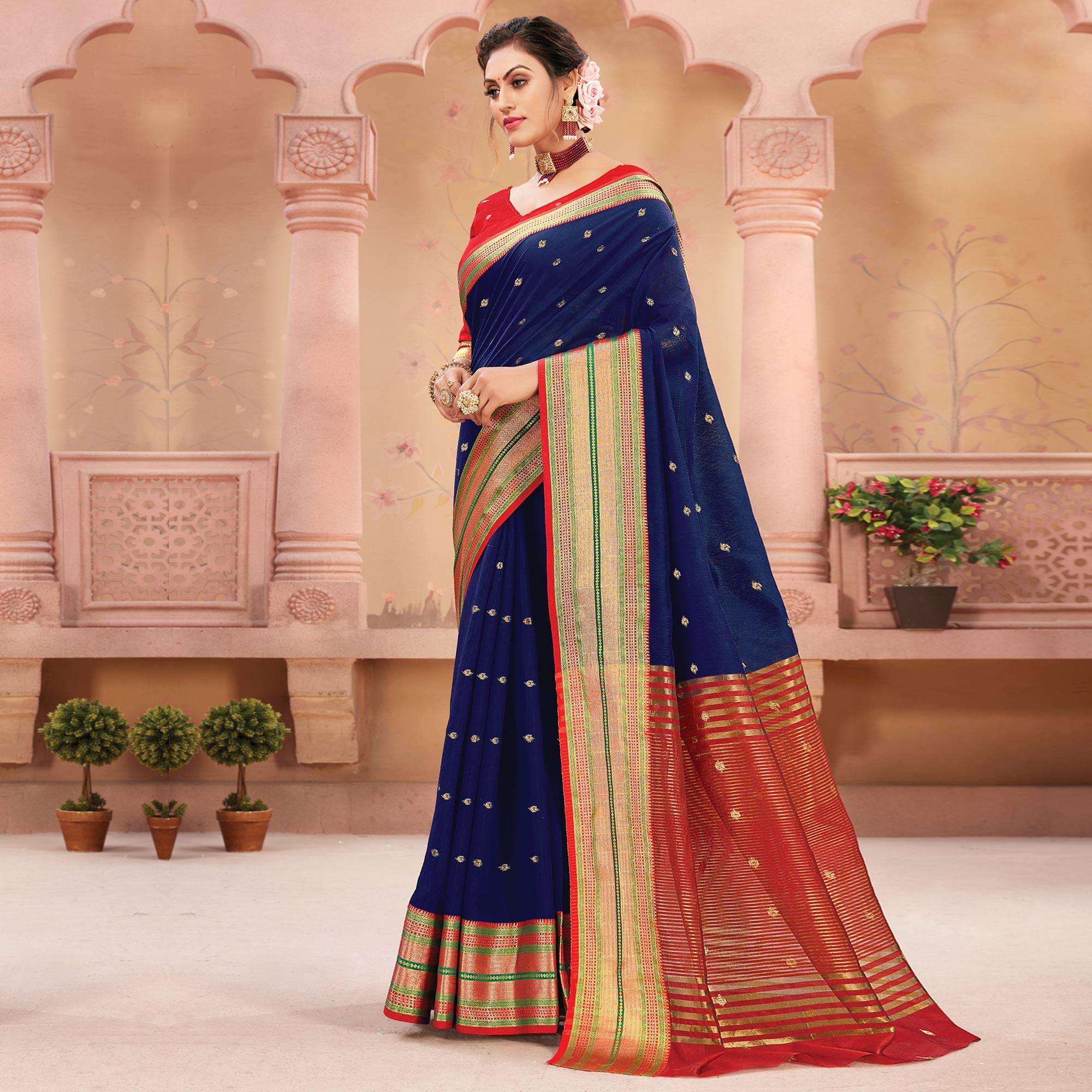 Blue Festive Wear Woven Handloom Silk Saree - Peachmode