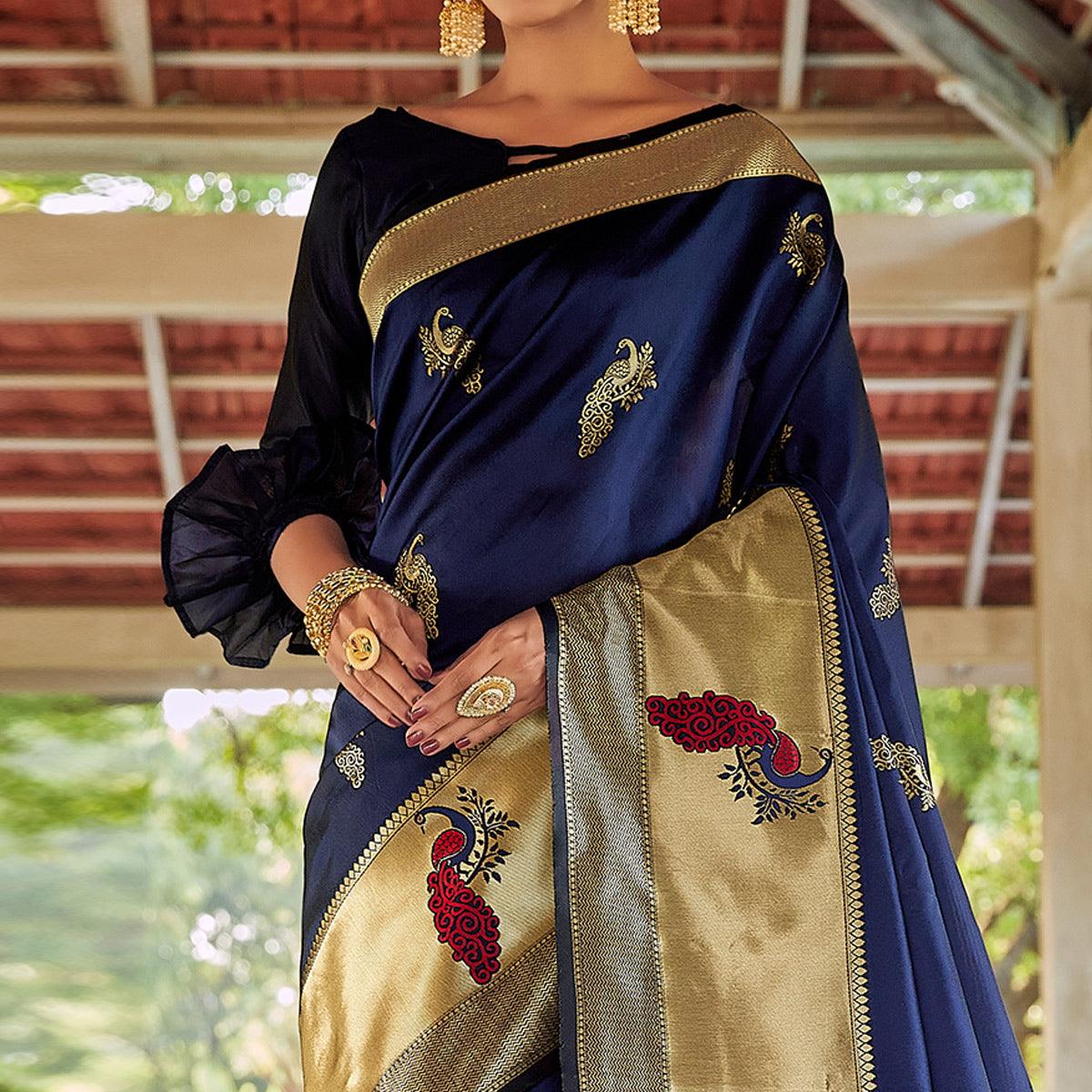 Blue Festive Wear Woven Handloom Silk Saree - Peachmode