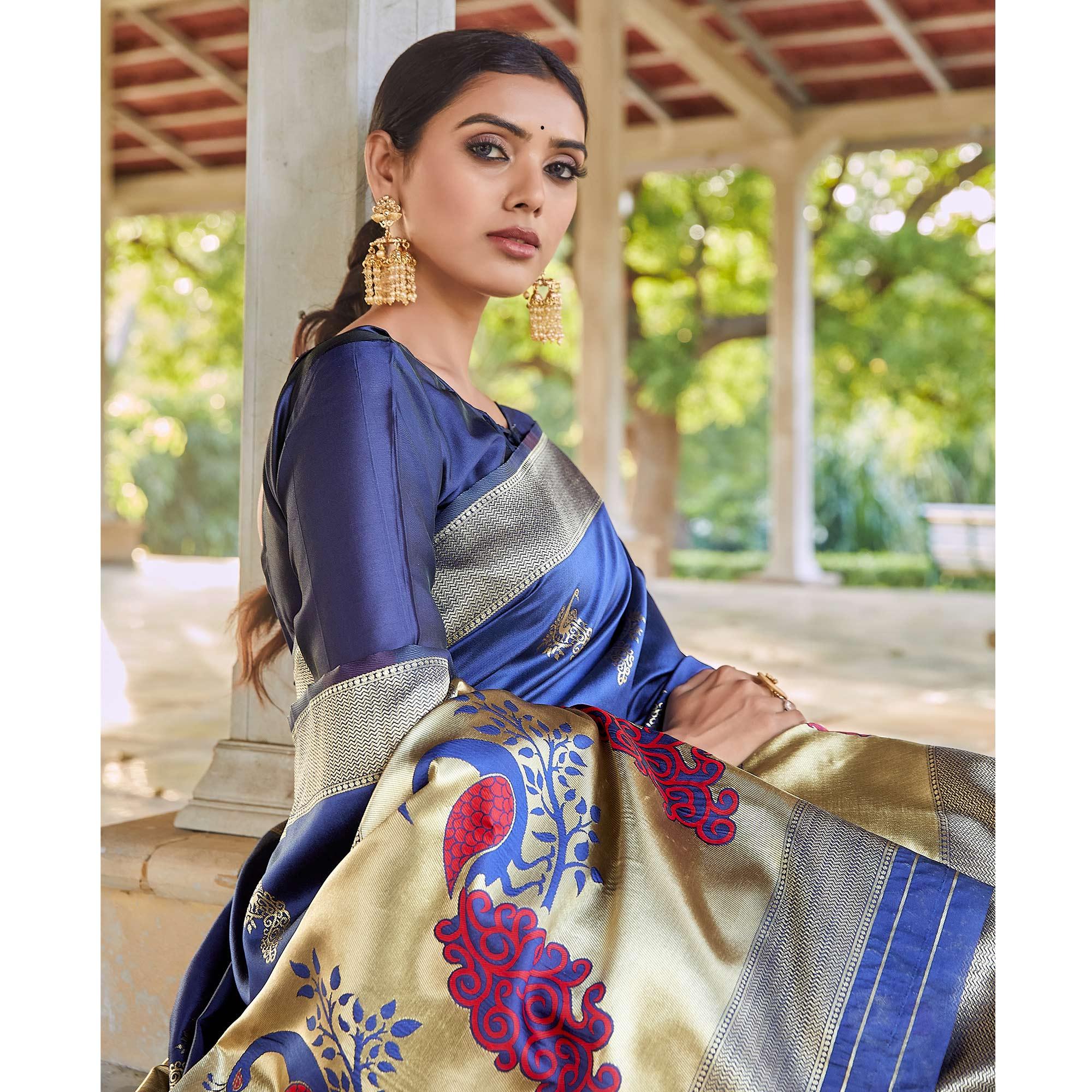 Blue Festive Wear Woven Handloom Silk Saree - Peachmode