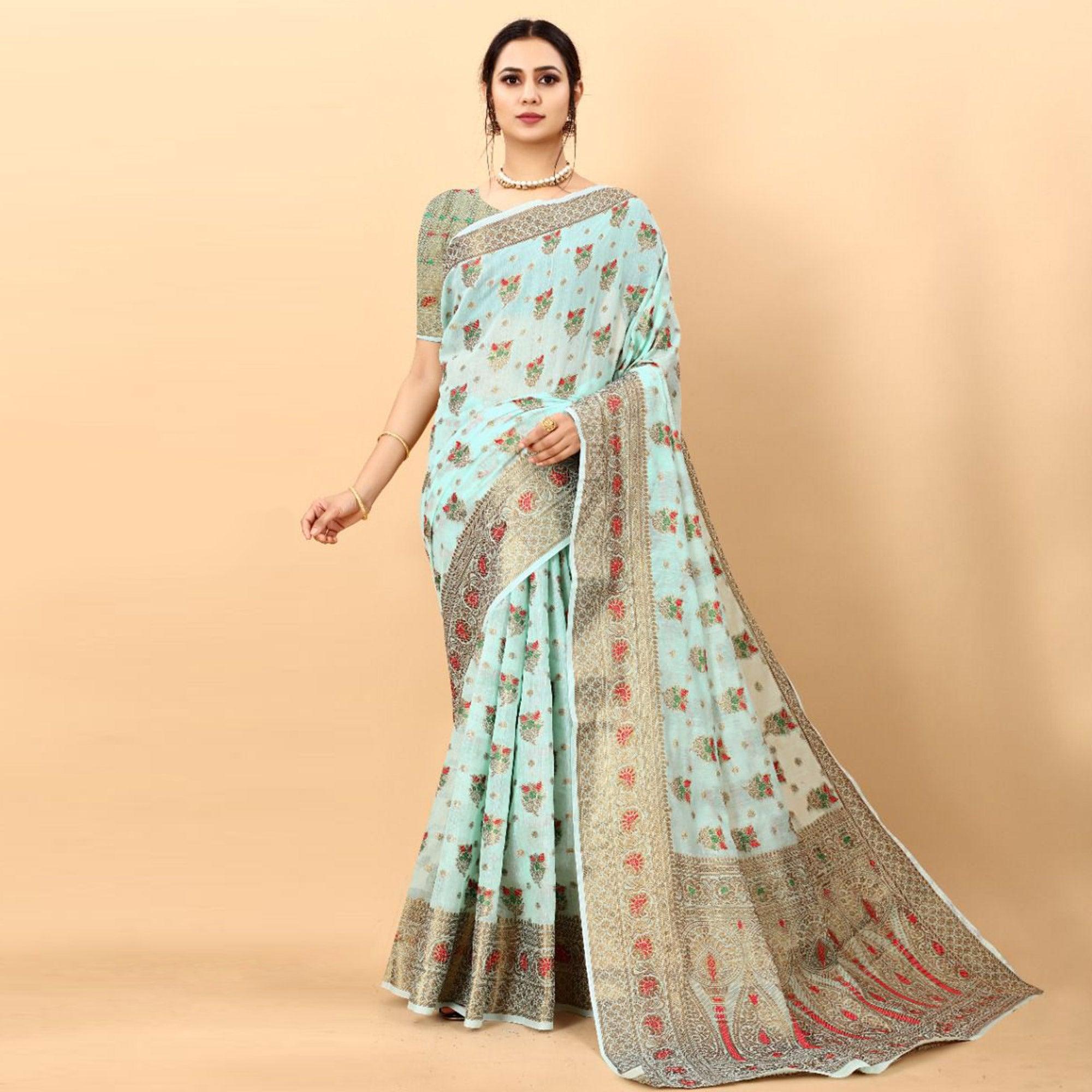 Blue Festive Wear Woven Heavy Cotton Saree - Peachmode