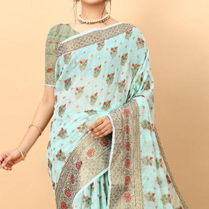 Blue Festive Wear Woven Heavy Cotton Saree - Peachmode