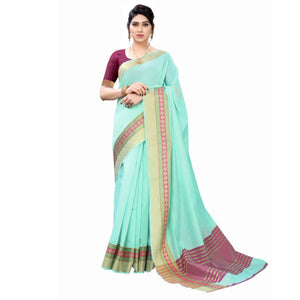 Blue Festive Wear Woven Jacquard Border Cotton Saree - Peachmode
