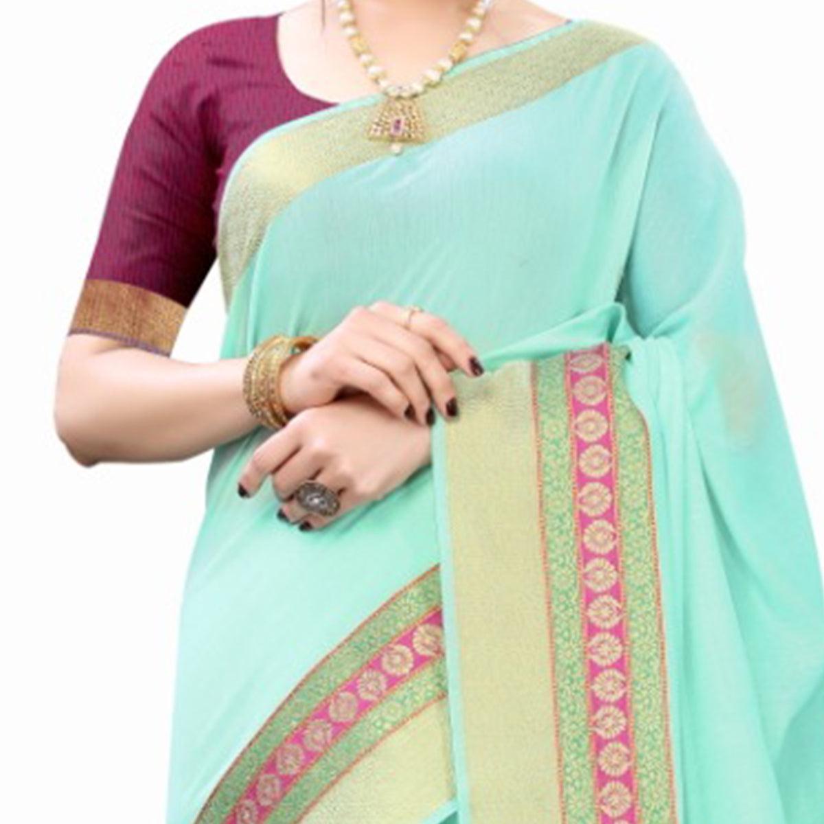 Blue Festive Wear Woven Jacquard Border Cotton Saree - Peachmode