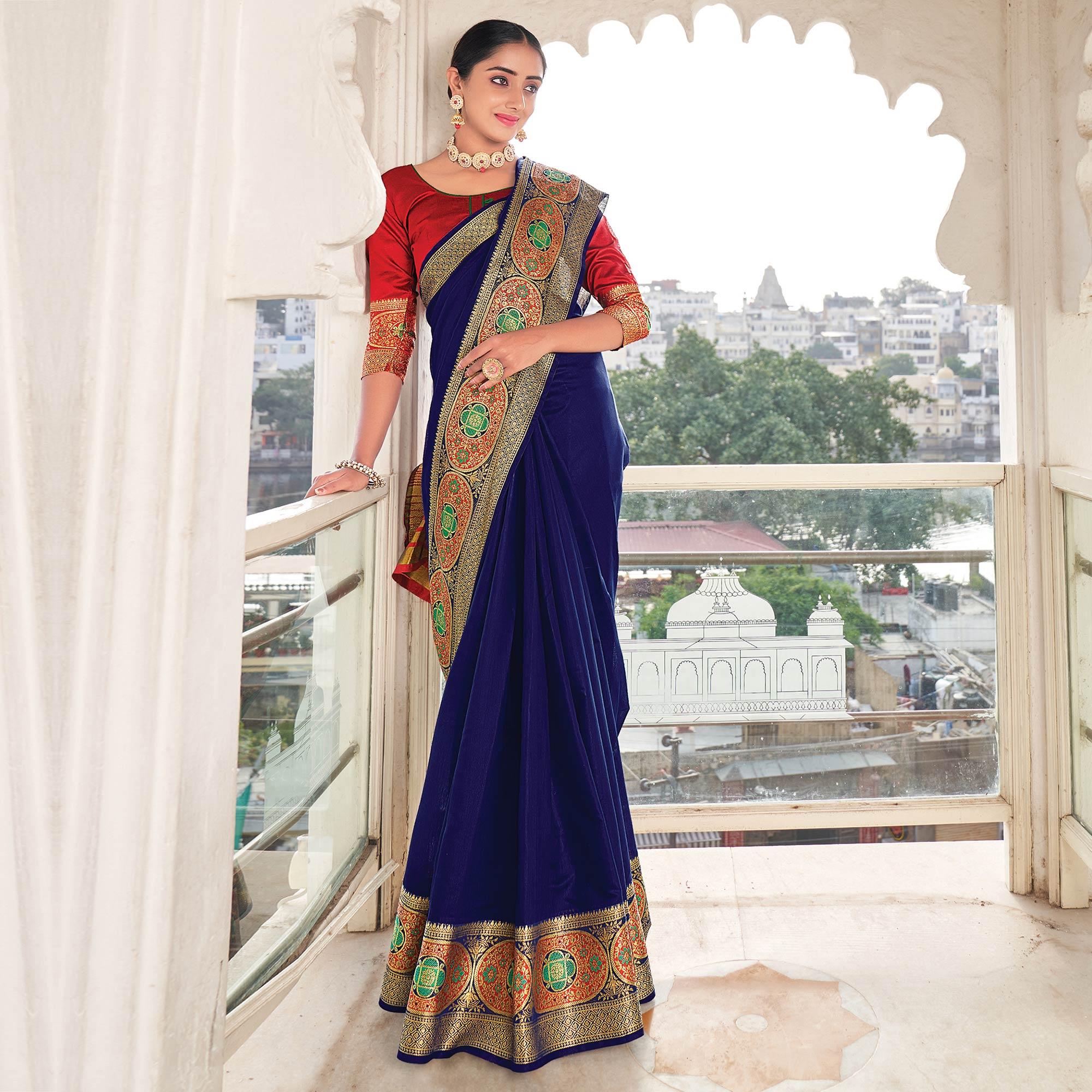 Blue Festive Wear Woven Jute Saree - Peachmode