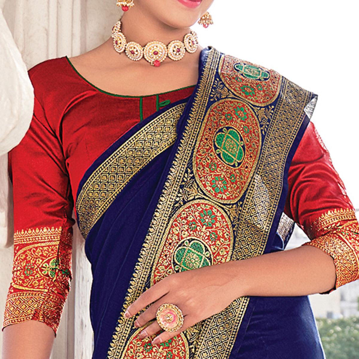 Blue Festive Wear Woven Jute Saree - Peachmode