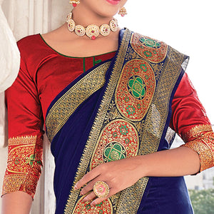 Blue Festive Wear Woven Jute Saree - Peachmode