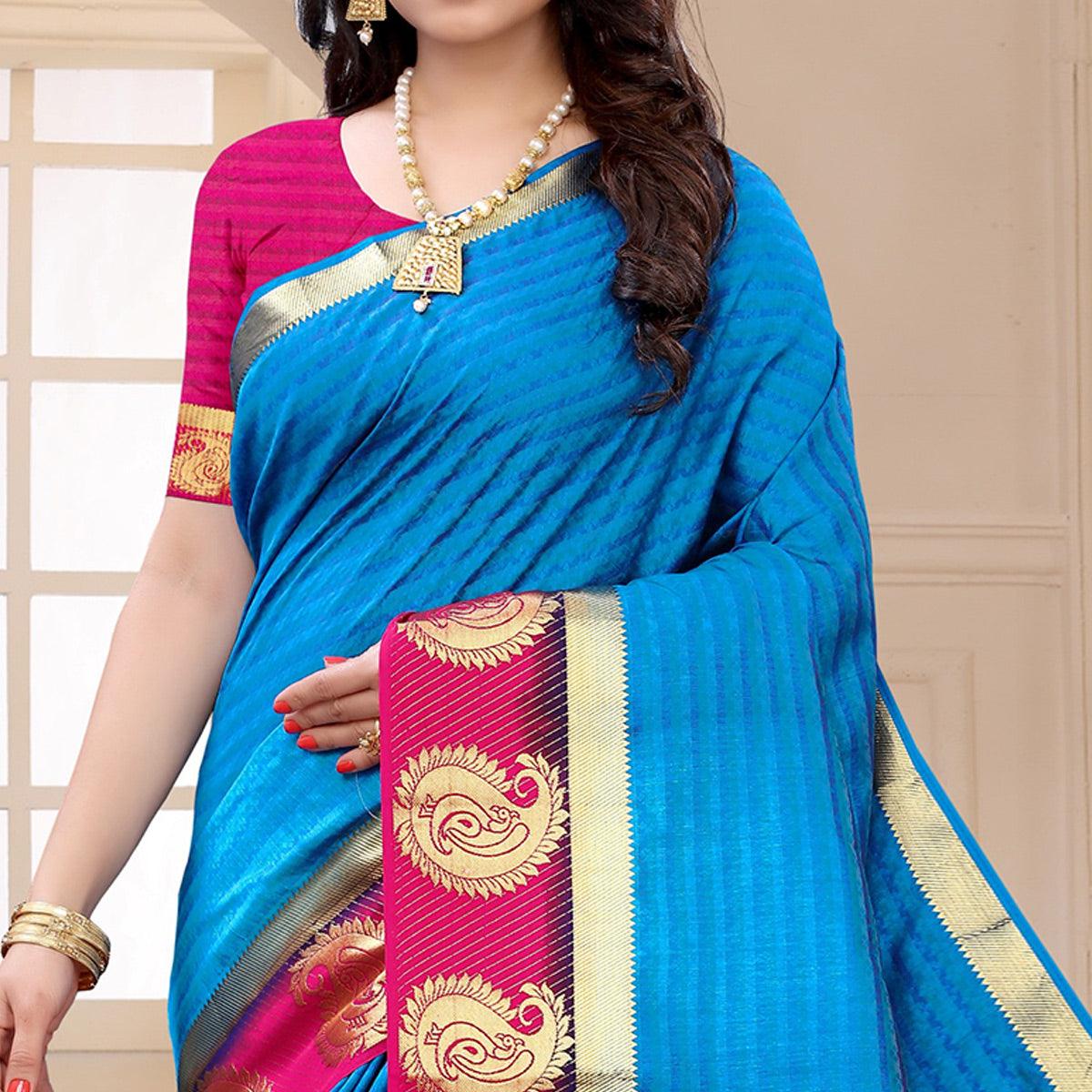 Blue Festive Wear Woven Kanjiwaram Art Silk Saree - Peachmode