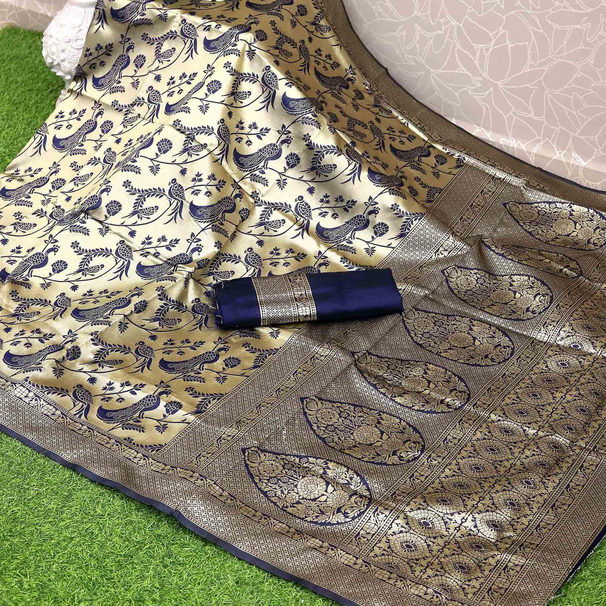 Blue Festive Wear Woven Kota Litchi Banarasi Art Silk Saree - Peachmode