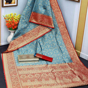 Blue Festive Wear Woven Kota Litchi Banarasi Art Silk Saree - Peachmode