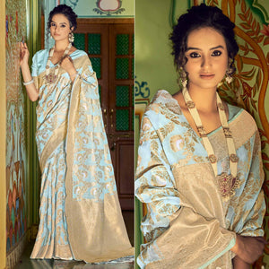 Blue Festive Wear Woven Linen Saree - Peachmode