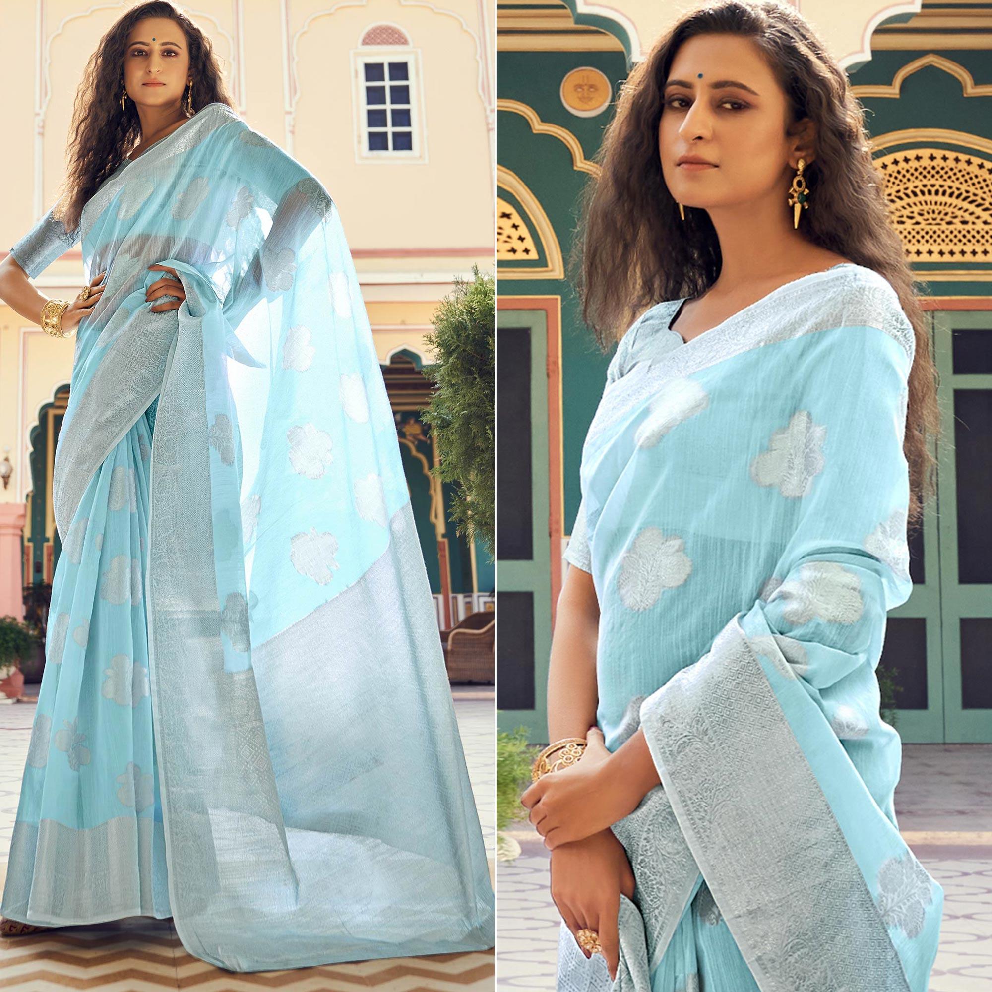 Blue Festive Wear Woven Linen Saree - Peachmode