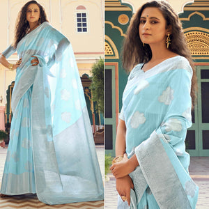 Blue Festive Wear Woven Linen Saree - Peachmode