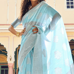 Blue Festive Wear Woven Linen Saree - Peachmode
