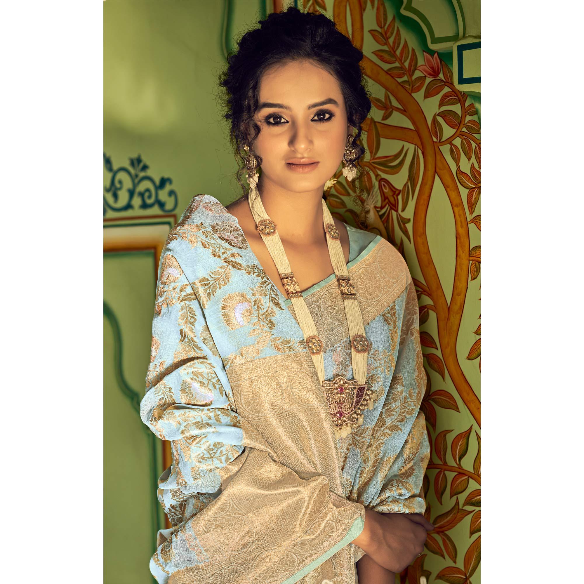 Blue Festive Wear Woven Linen Saree - Peachmode