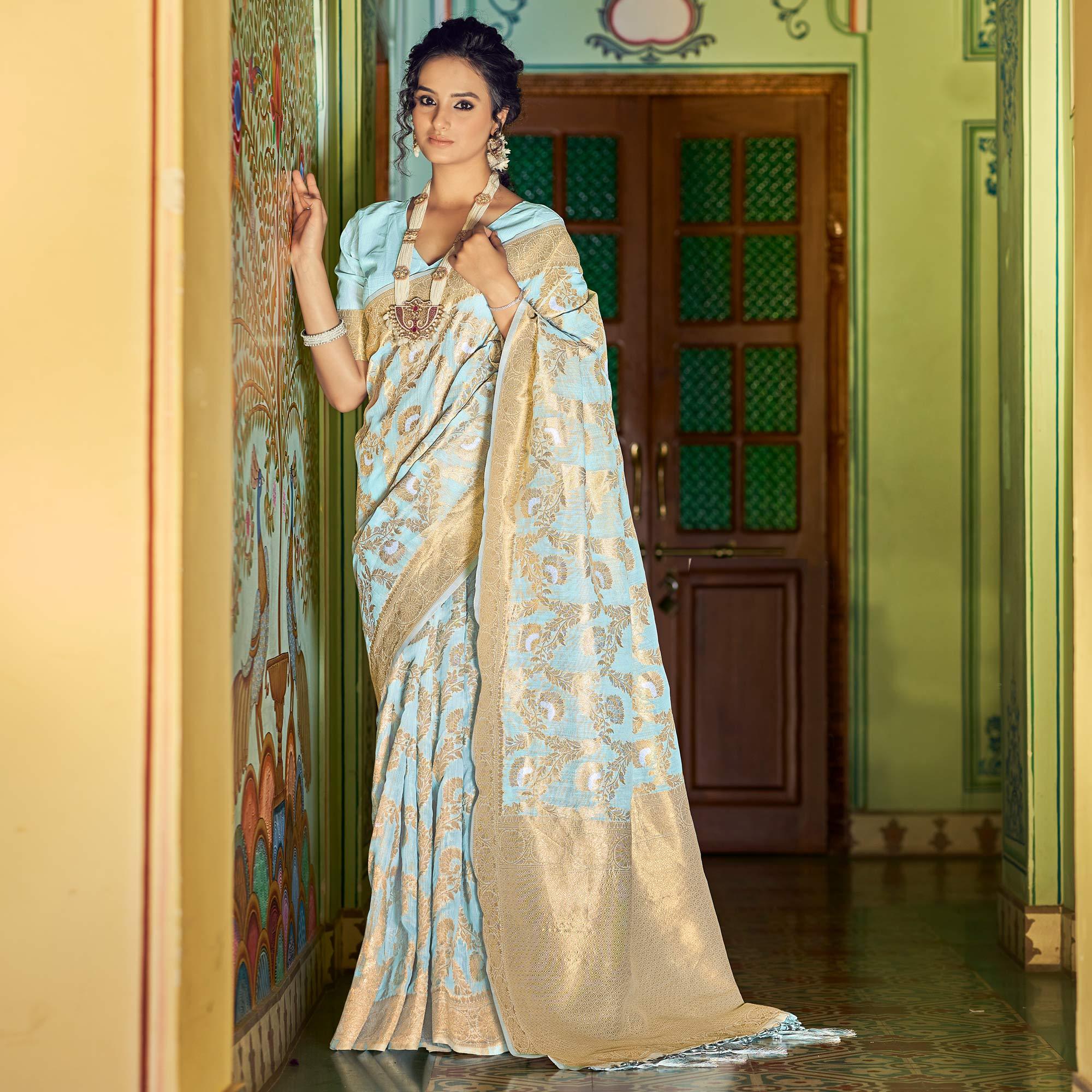 Blue Festive Wear Woven Linen Saree - Peachmode