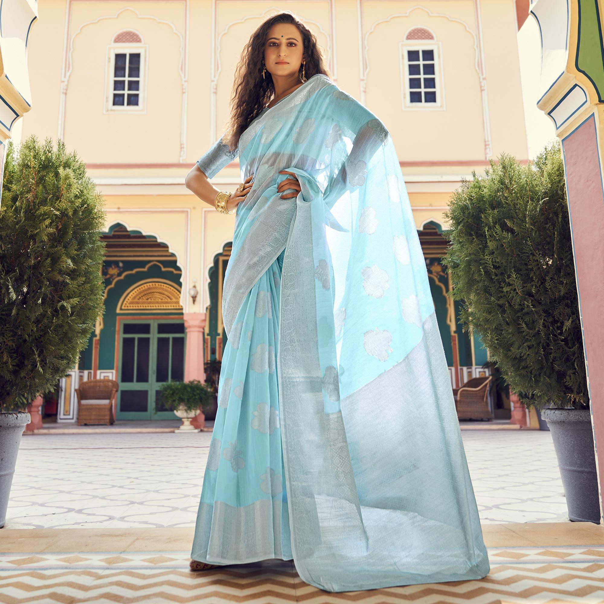 Blue Festive Wear Woven Linen Saree - Peachmode