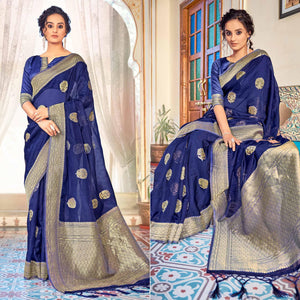 Blue Festive Wear Woven Organza Saree - Peachmode