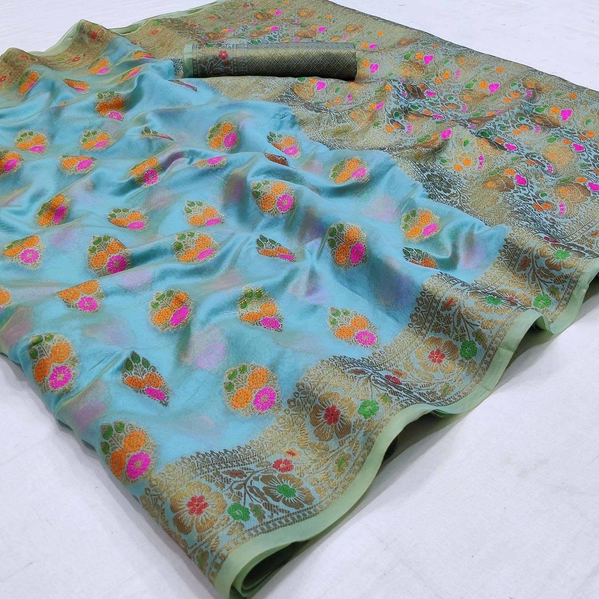 Blue Festive Wear Woven Organza Saree - Peachmode