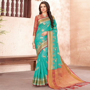 Blue Festive Wear Woven Organza Saree - Peachmode
