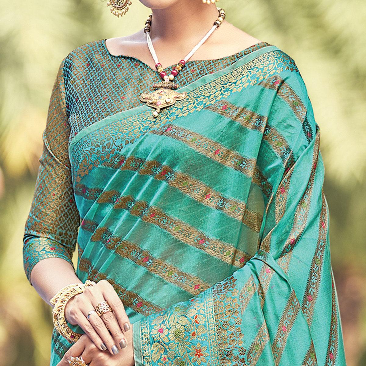 Blue Festive Wear Woven Organza Saree - Peachmode