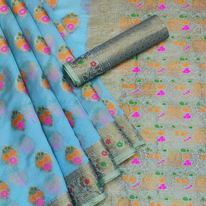 Blue Festive Wear Woven Organza Saree - Peachmode