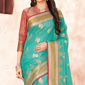 Blue Festive Wear Woven Organza Saree - Peachmode