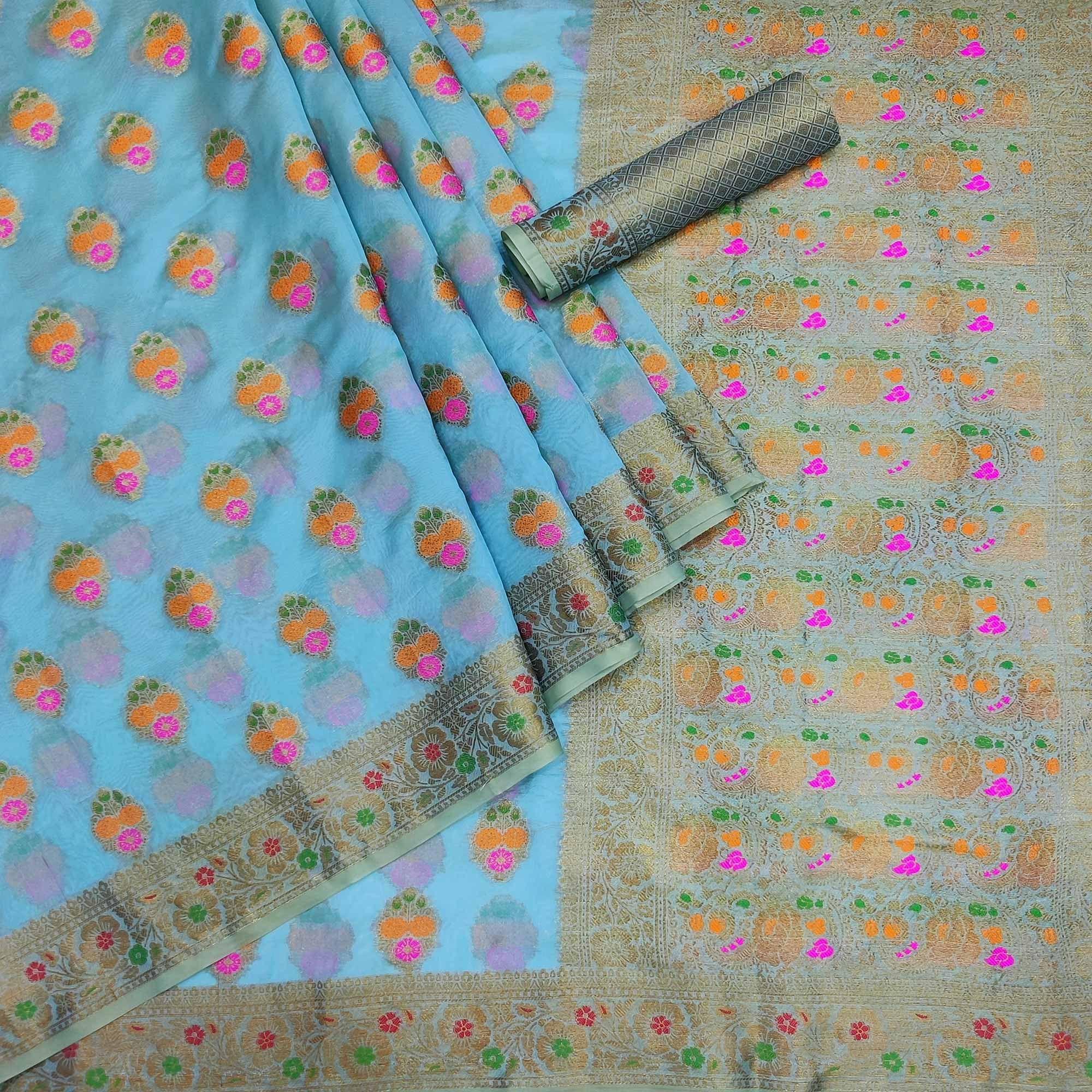 Blue Festive Wear Woven Organza Saree - Peachmode