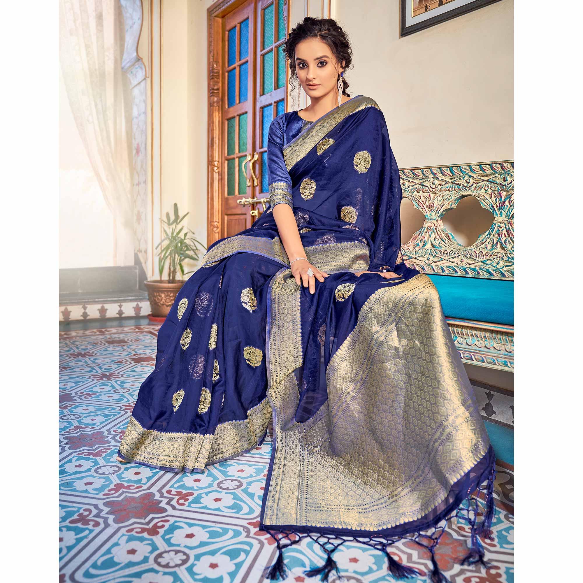 Blue Festive Wear Woven Organza Saree - Peachmode