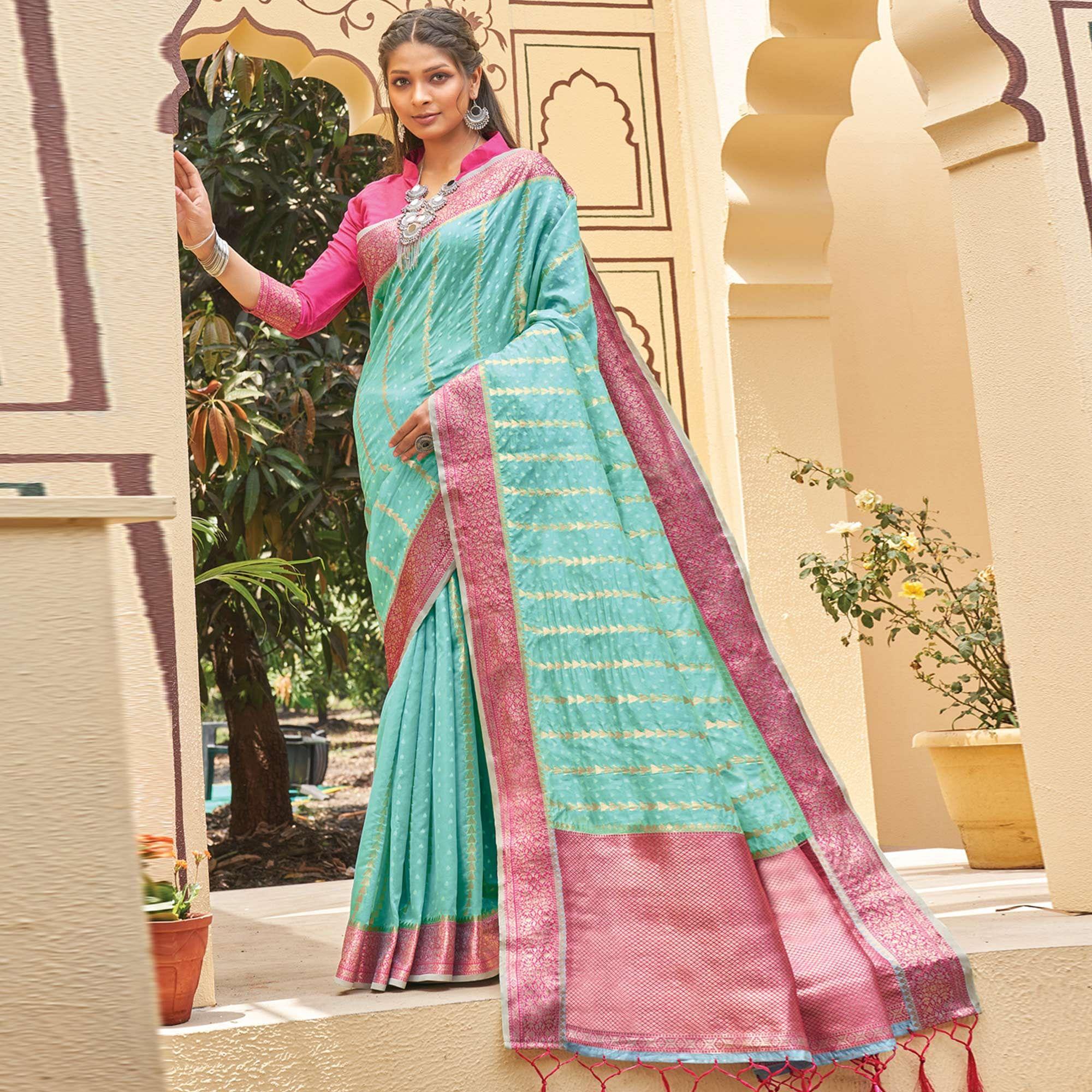 Blue Festive Wear Woven Organza Saree With Tassels - Peachmode