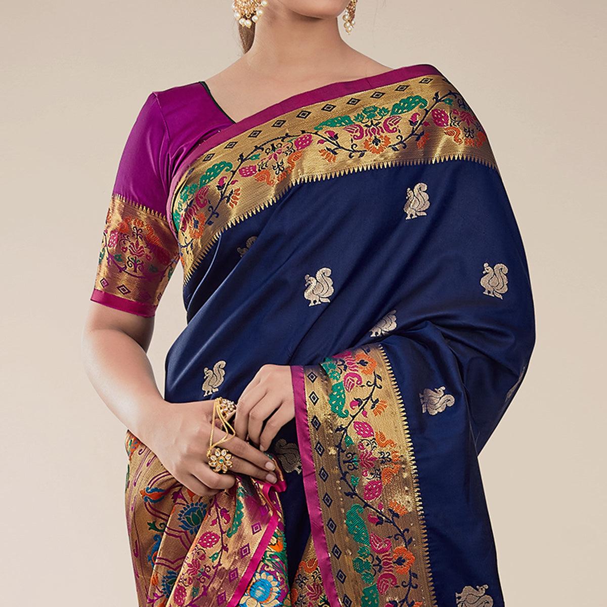 Blue Festive Wear Woven Paithani Pallu Silk Saree - Peachmode