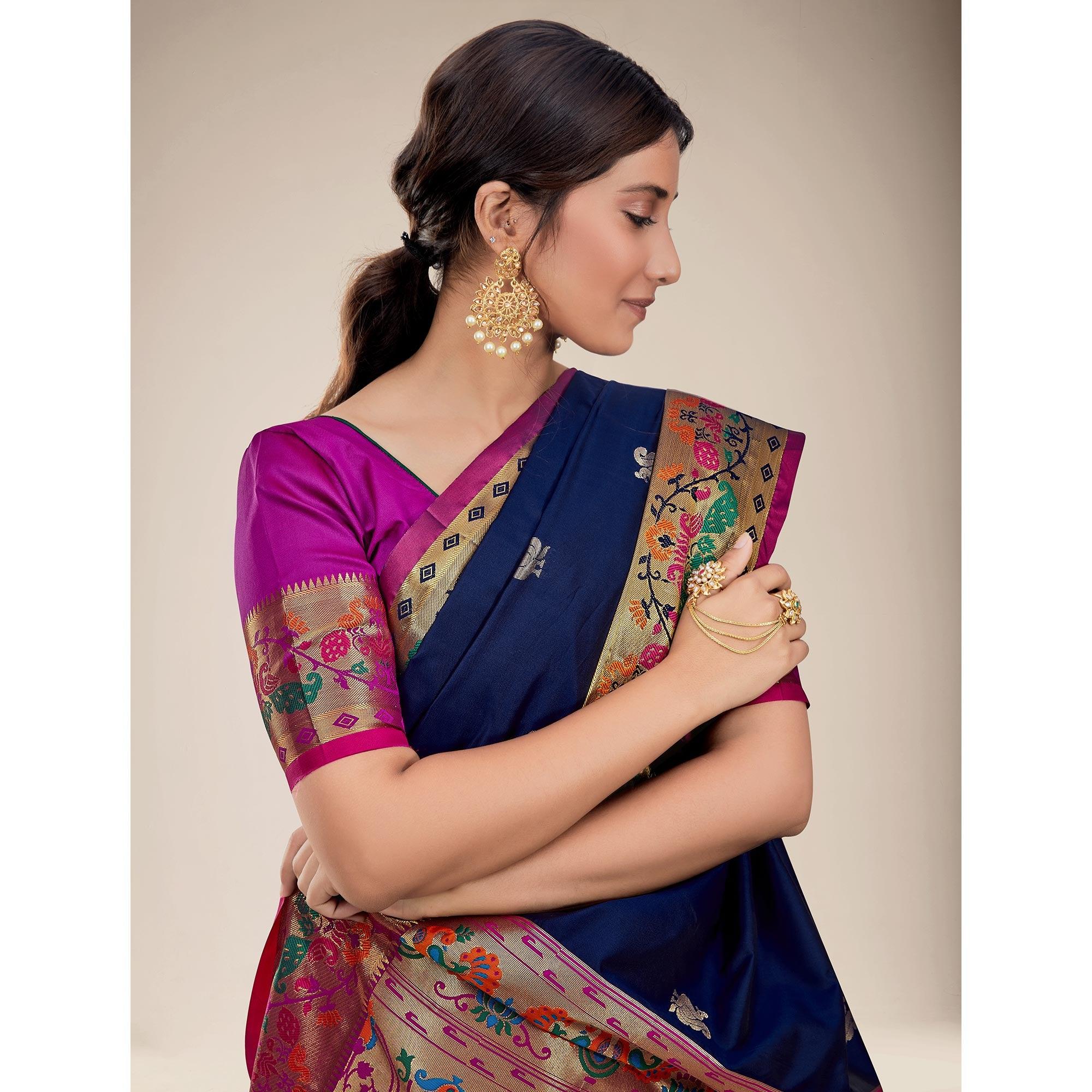 Blue Festive Wear Woven Paithani Pallu Silk Saree - Peachmode