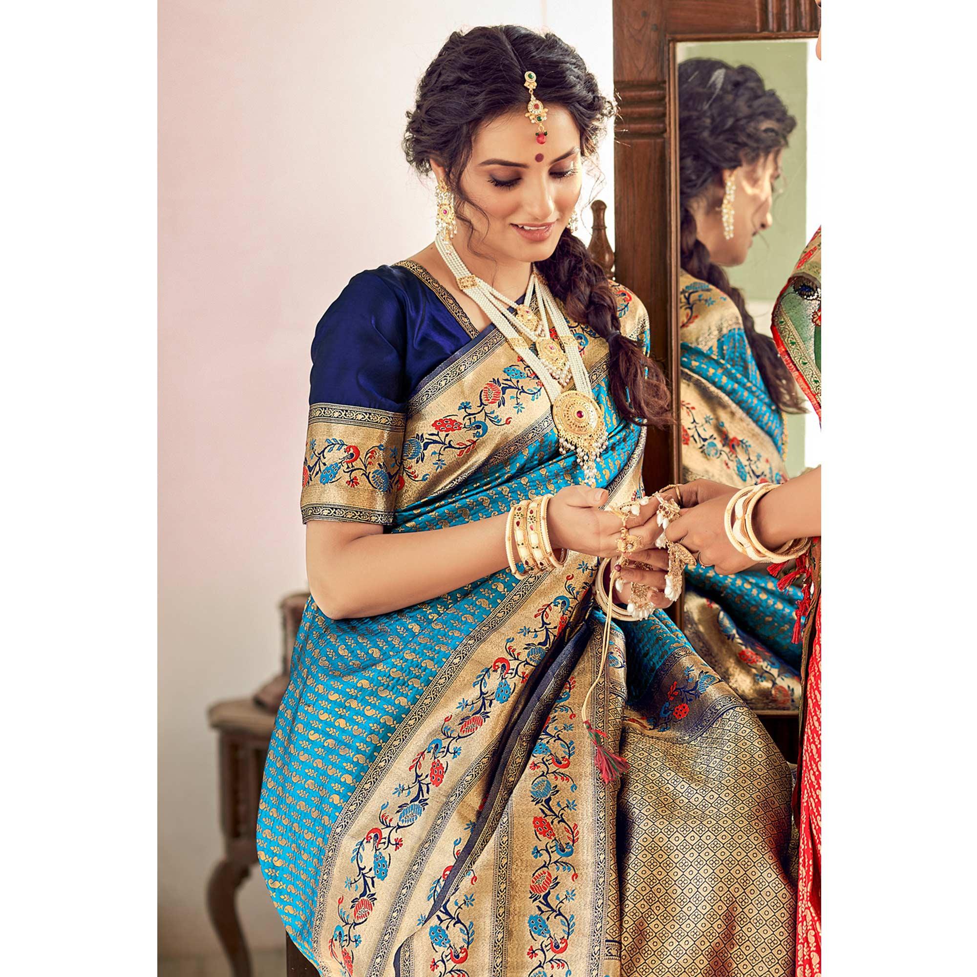 Blue Festive Wear Woven Paithani Silk Saree - Peachmode