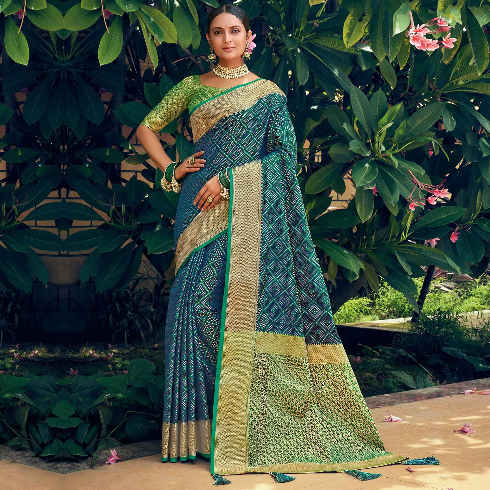 Blue Festive Wear Woven Patola Silk Saree - Peachmode
