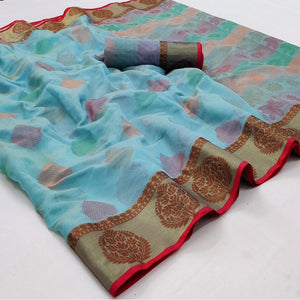 Blue Festive Wear Woven Rich Pallu Organza Saree - Peachmode