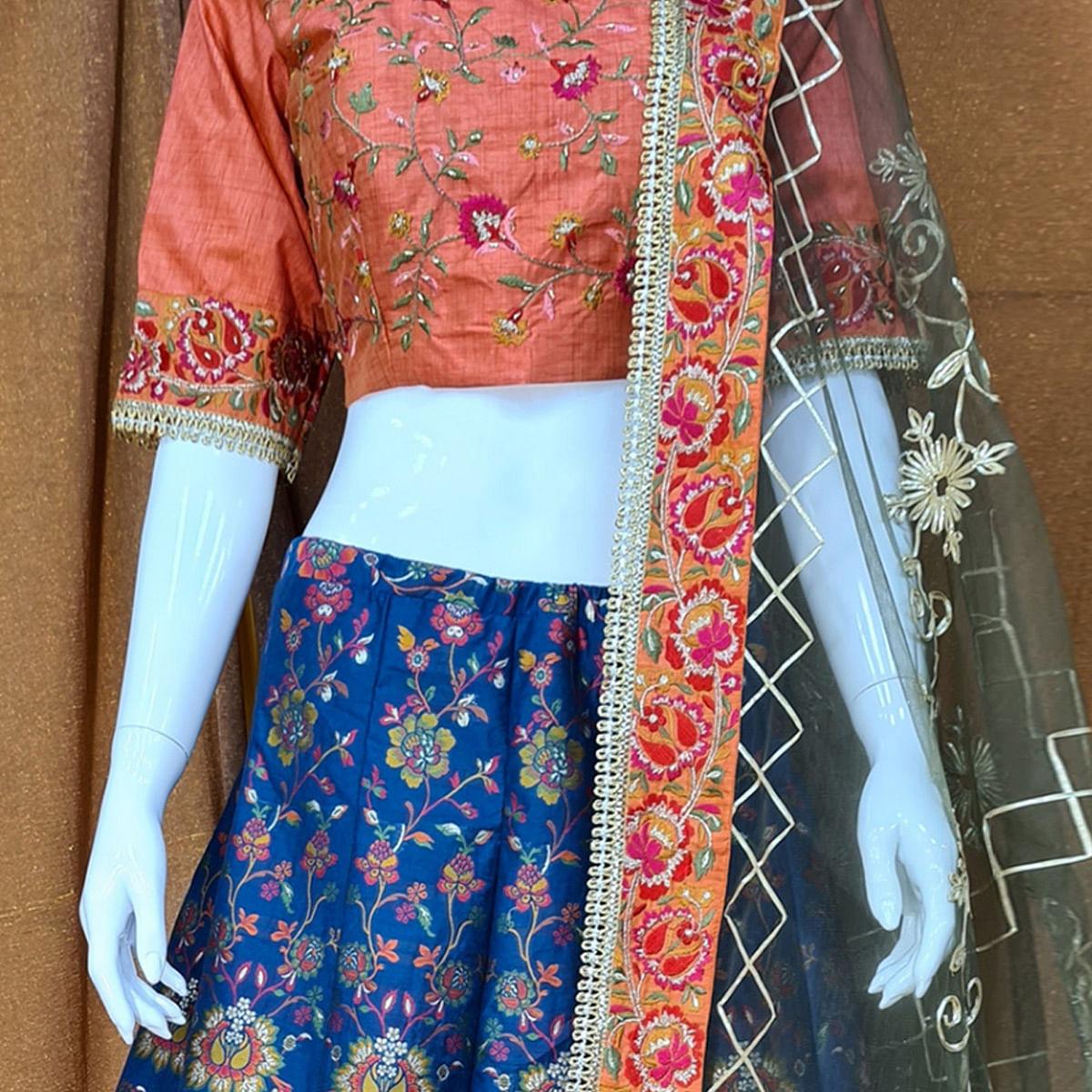 Blue Festive Wear Woven Silk Lehenga Choli - Peachmode
