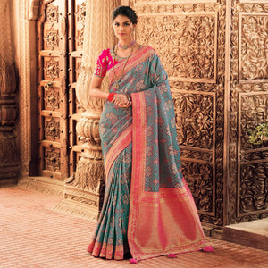 Blue Festive Wear Woven Silk Saree - Peachmode