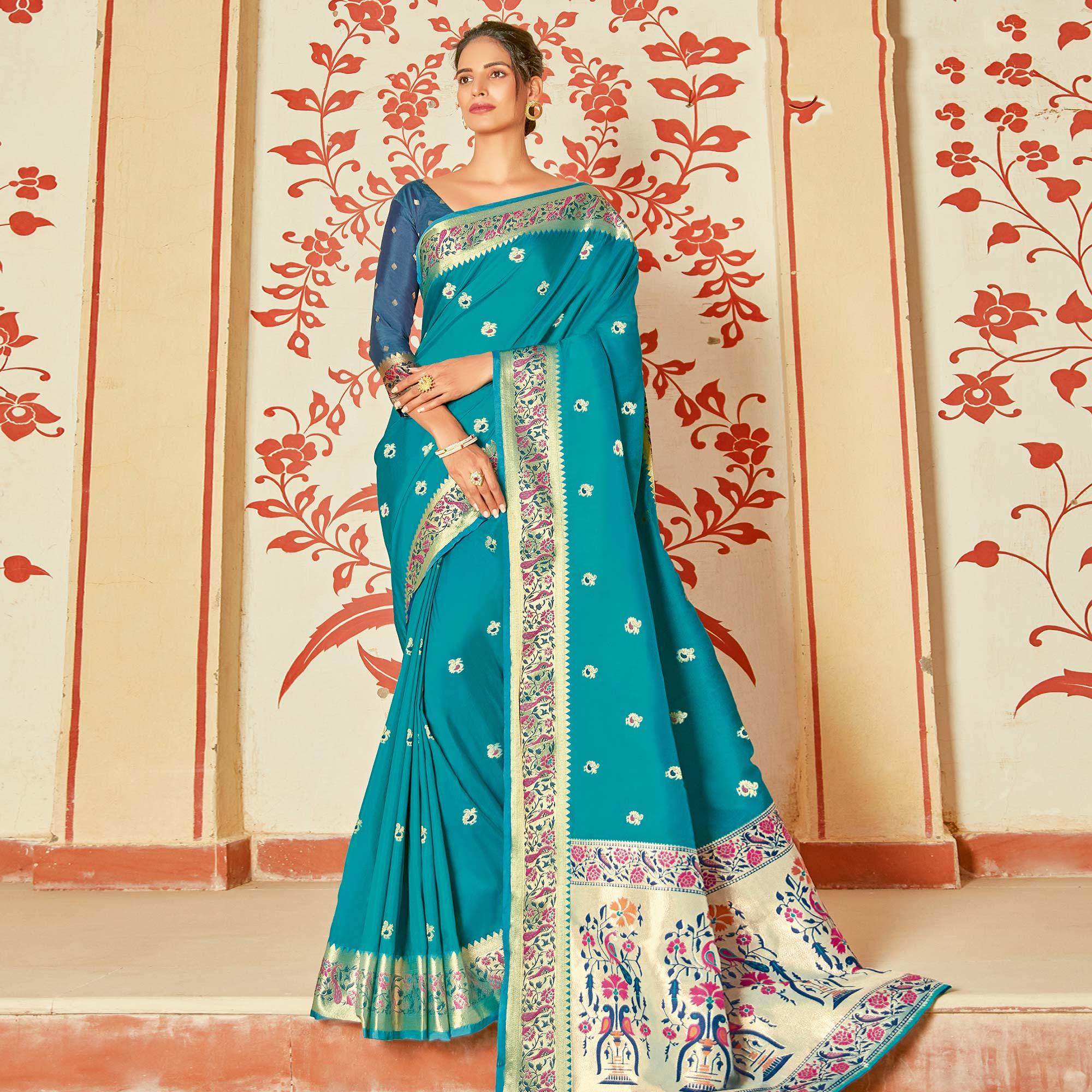 Blue Festive Wear Woven Silk Saree - Peachmode
