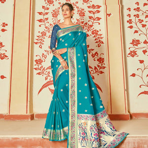 Blue Festive Wear Woven Silk Saree - Peachmode