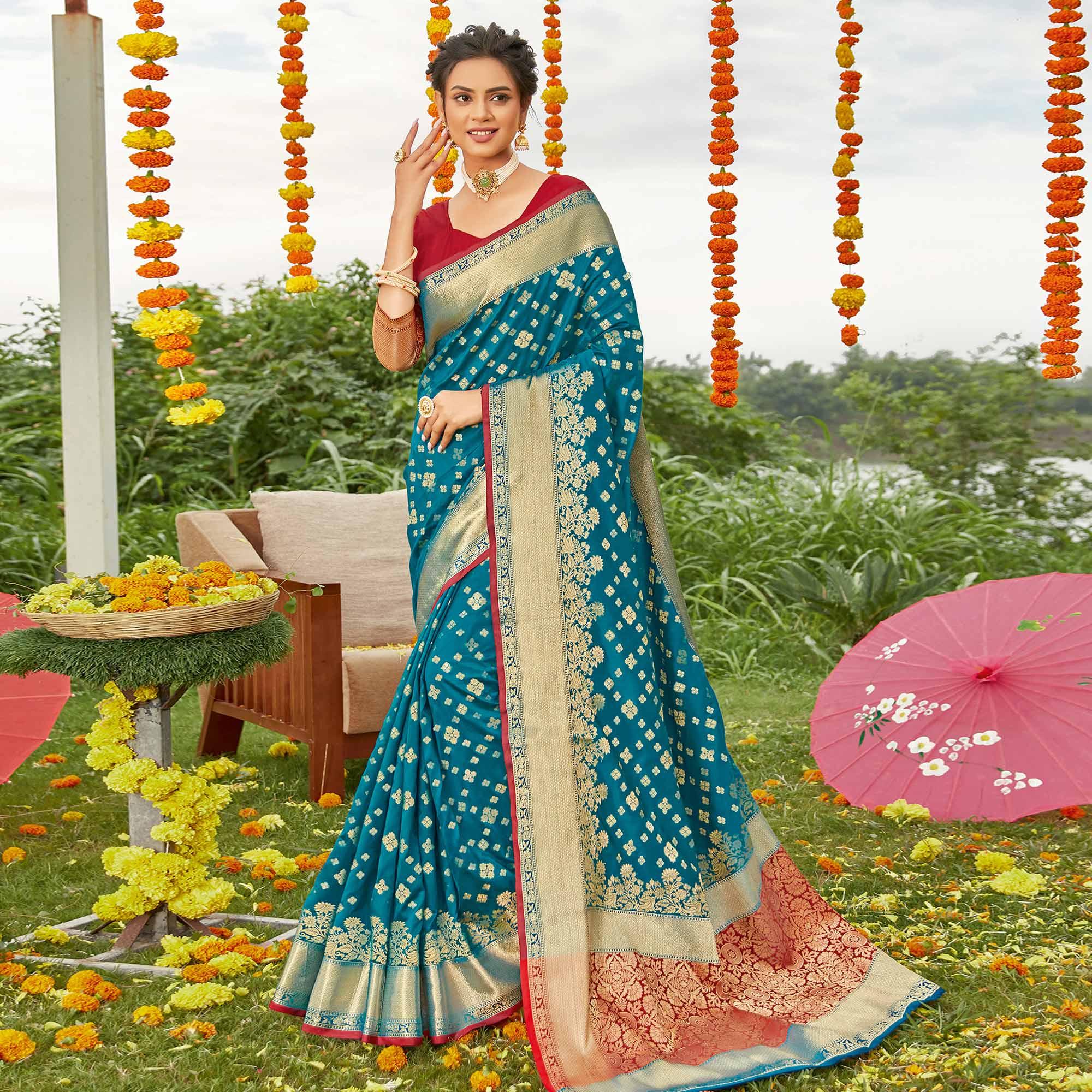 Blue Festive Wear Woven Silk Saree - Peachmode