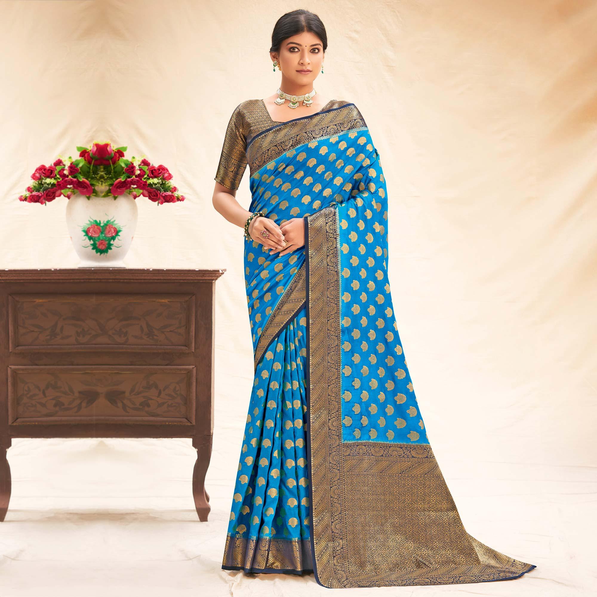 Blue Festive Wear Woven Silk Saree - Peachmode