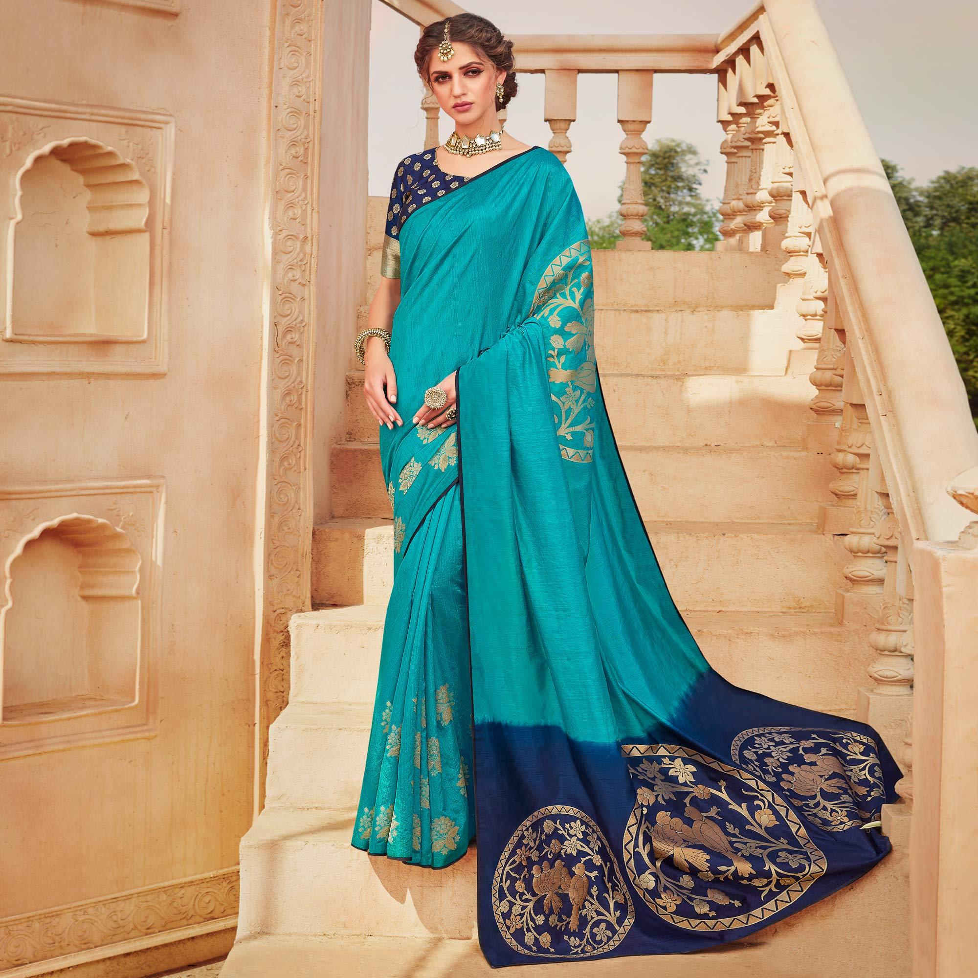 Blue Festive Wear Woven Silk Saree - Peachmode