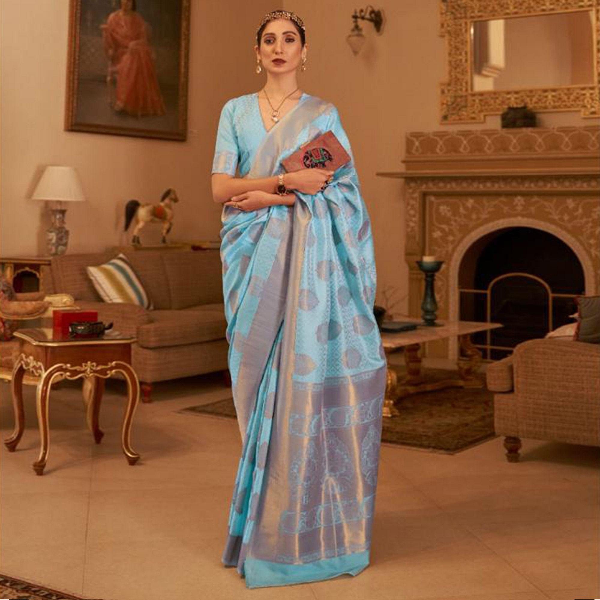 Blue Festive Wear Woven Silk Saree - Peachmode