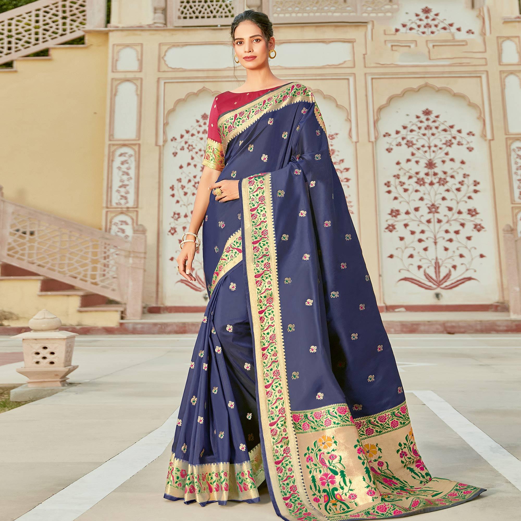 Blue Festive Wear Woven Silk Saree - Peachmode