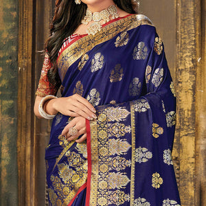 Blue Festive Wear Woven Silk Saree - Peachmode