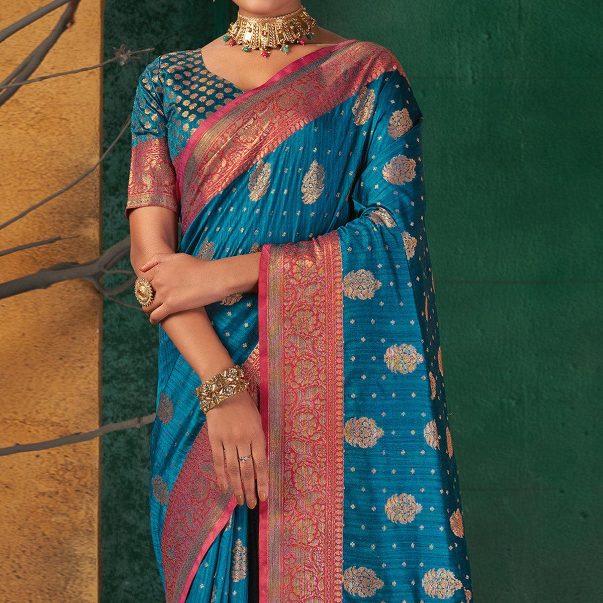 Blue Festive Wear Woven Silk Saree - Peachmode