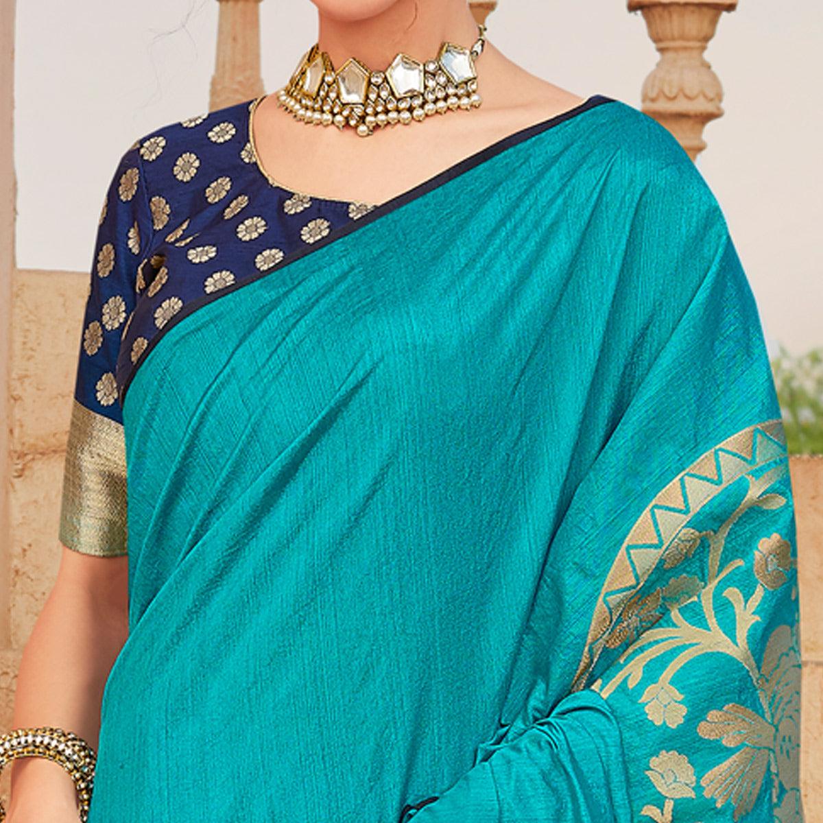 Blue Festive Wear Woven Silk Saree - Peachmode