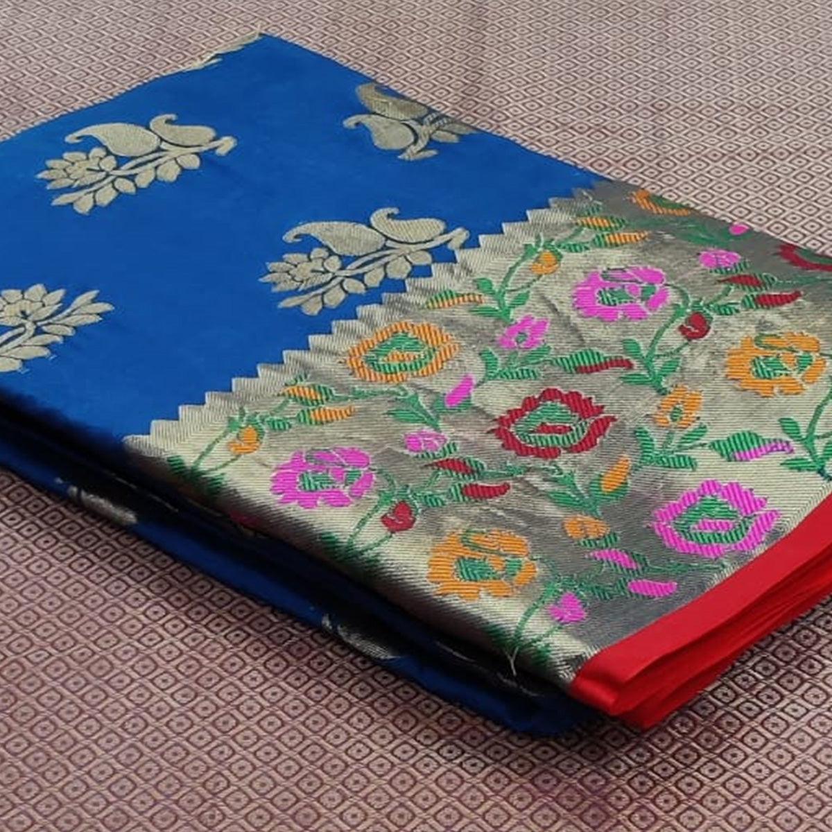 Blue Festive Wear Woven Silk Saree With Border - Peachmode