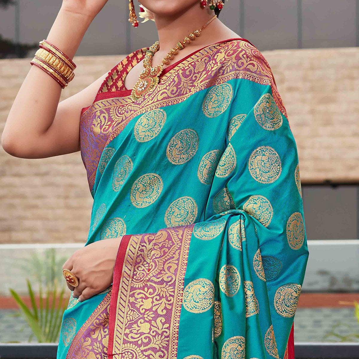 Blue Festive Wear Woven Silk Saree With Meena Butta Rich Pallu - Peachmode